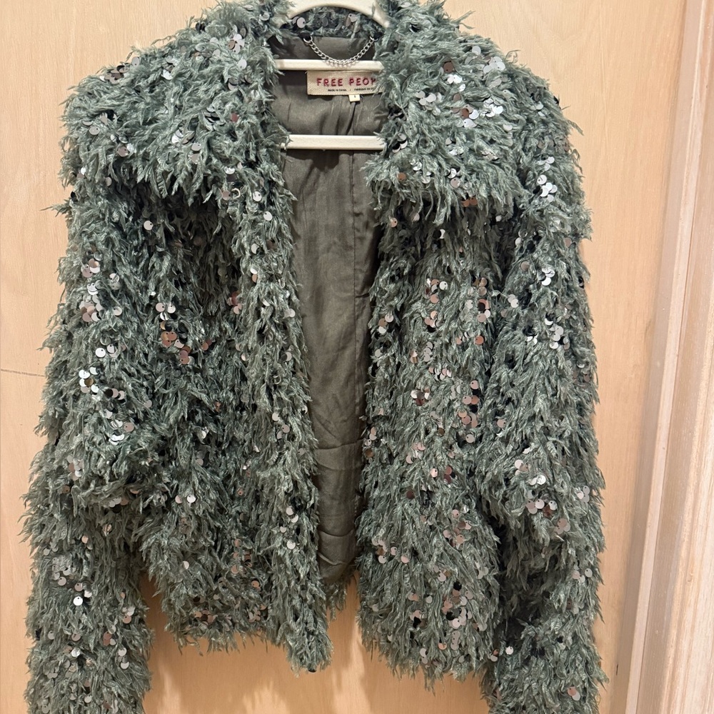 Free People Textured Green Sequin Teddy Jacket